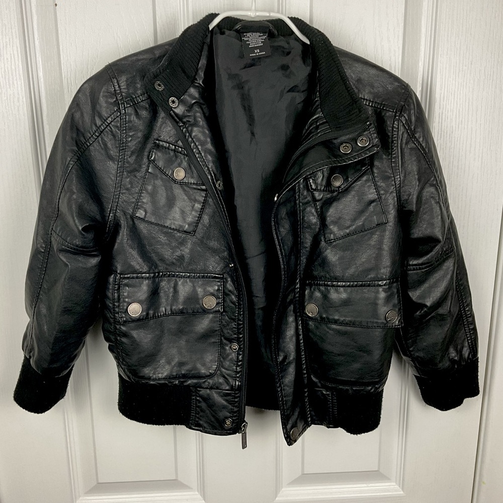 Shaun White Boys Black Faux Leather Jacket with Asymmetrical Details, Size XS